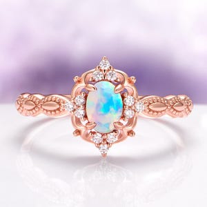 Vintage Natural Australian Opal Ring in 14K Rose Gold Vermei- Unique Engagement Ring- October Birthstone Jewelry- Birthday Gift For Her