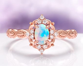 Vintage Natural Australian Opal Ring in 14K Rose Gold Vermei- Unique Engagement Ring- October Birthstone Jewelry- Birthday Gift For Her