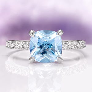 Cushion Aquamarine Ring in Sterling Silver- Hidden Halo Unique Dainty Promise Ring- March Birthstone- Anniversary or Birthday Gift For Her