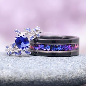 Cornflower Sapphire & Galaxy Orion Nebula Couples Ring- His and Hers Ring Set- Purple Galaxy Matching Wedding Band- Outer Space Couples Ring
