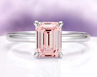 Morganite Engagement Ring Simulated Hidden Halo Emerald Cut Sterling Silver Solitaire