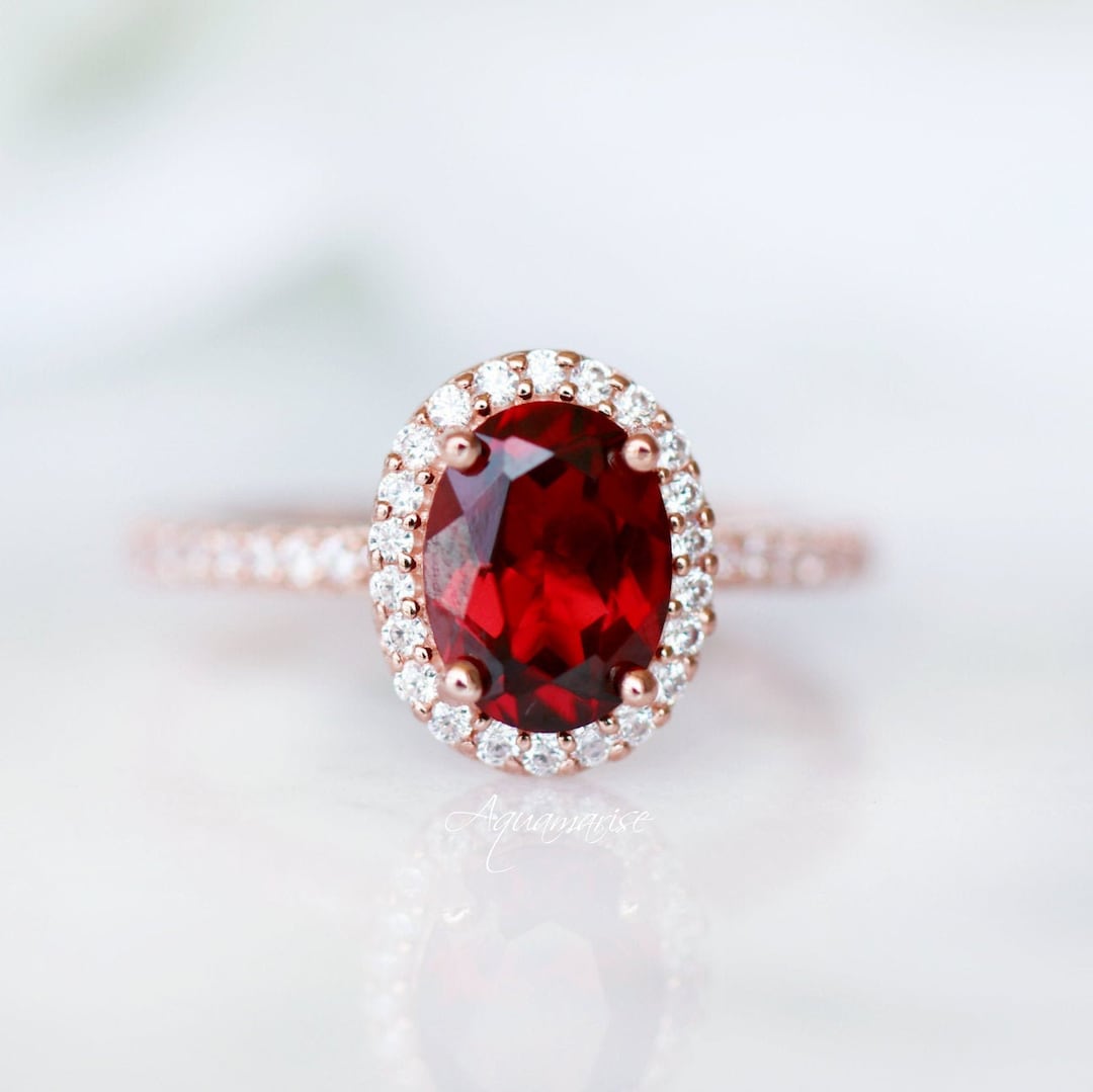 Natural Garnet Ring 14K Rose Gold Vermeil Halo Oval Engagement Promise ...