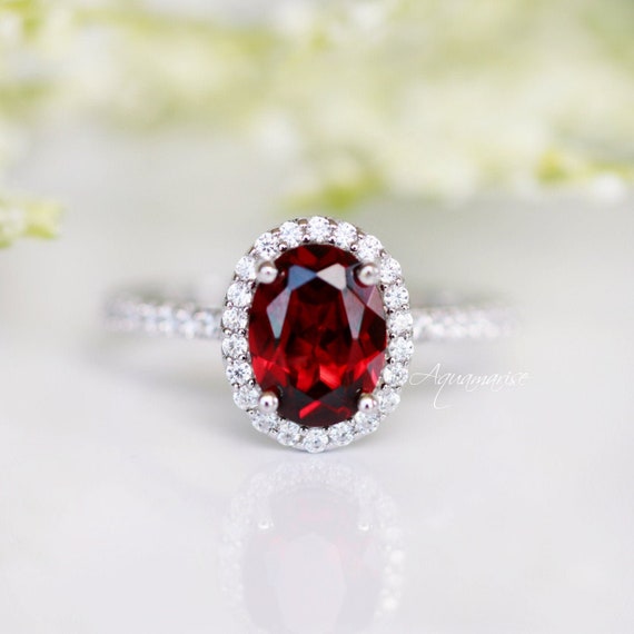 Xmas Gift For Her White Zircon Accented Natural Red Garnet Engagement Ring Dainty Promise Ring Solid 925 Silver Statement Ring