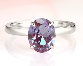 Solitaire Alexandrite Ring- 2ct Oval Cut Engagement Rings for Women- Dainty Promise Ring- Color Changing Stone- June Birthstone Gift For Her
