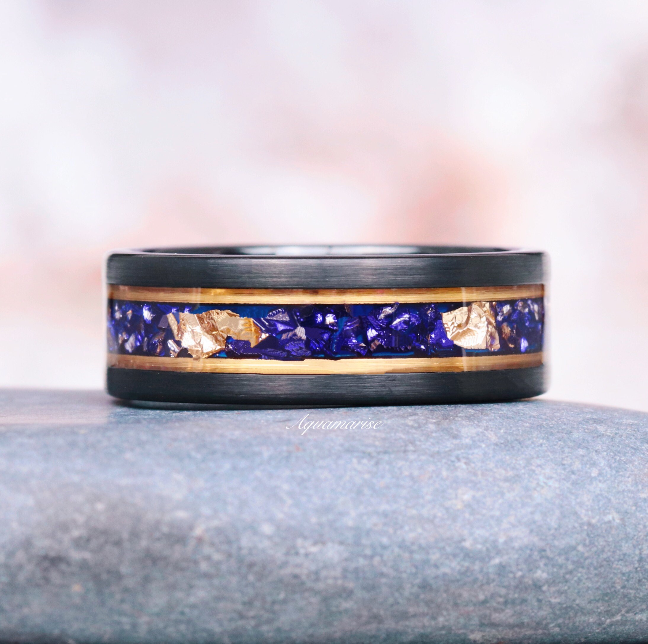 Blue Sapphire & Diamond Gold Leaf Couples Ring Set His and Hers