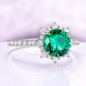 Emerald Engagement Ring – Round Emerald Halo Ring – May Birthstone Ring – Green Gemstone Ring – Sterling Silver image 3