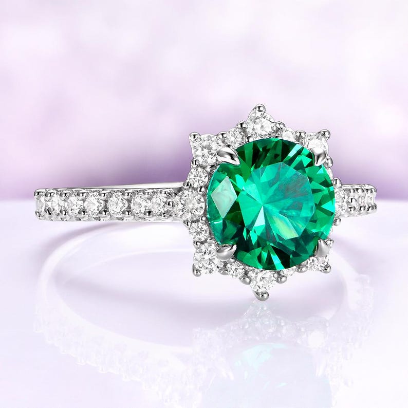 Emerald Engagement Ring – Round Emerald Halo Ring – May Birthstone Ring – Green Gemstone Ring – Sterling Silver image 3