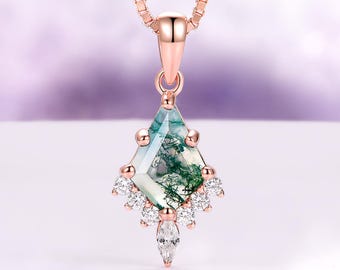 Skye Kite Green Moss Agate Necklace For Women 14K Rose Gold Vermeil Natural Agate Pendant Unique Birthstone Jewelry Anniversary Gift For Her