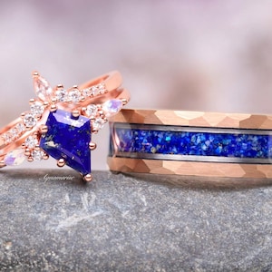 Skye Blue Lapis Lazuli & Moonstone Couples Ring Set- His and Hers Wedding Band- Rose Gold Ring Set- Matching Nature Couples Promise Ring