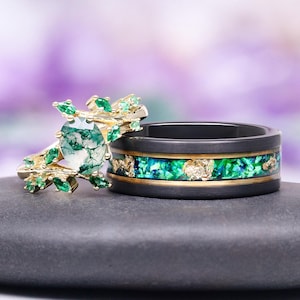 Ensemble de bagues en feuille d'or, opale de feu et agate mousse verte, alliance pour elle et lui, bague en or assortie pour les couples nature, bague de promesse vintage unique