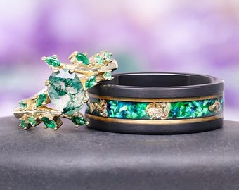 Green Moss Agate Fire Opal Gold Leaf Ring Set- His and Hers Wedding Band- Gold Ring Set- Matching Nature Couples Unique Vintage Promise Ring