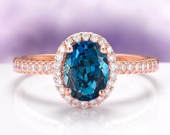 London Blue Topaz Ring Oval Halo 14K Rose Gold Vermeil Engagement Ring December Birthstone