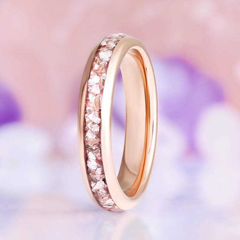 Morganite Wedding Band 4mm Rose Gold Tungsten Crushed Pink Gemstone Inlay Ring Bild 2