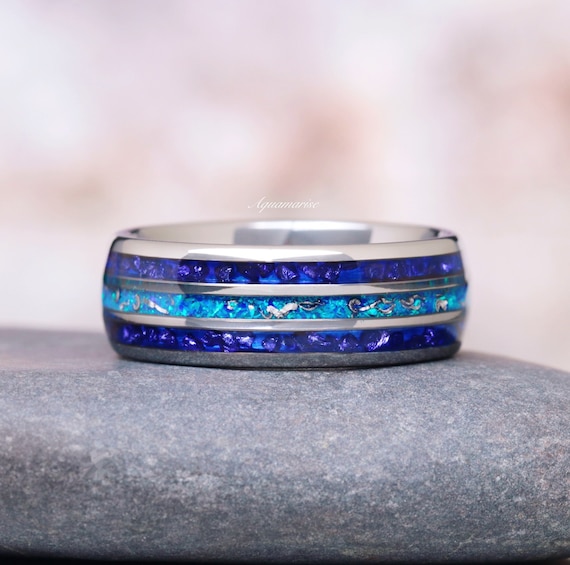 Blue Fire Opal, Meteorite Sapphire Men's Wedding Band- Galaxy