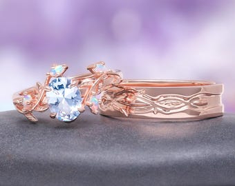Aquamarine & Opal Couples Ring Set- His and Hers Wedding Leaf Band- 14K Rose Gold Vermeil Nature Couples Matching Promise Ring- Vintage Ring