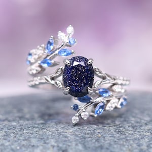 Starry Night & Sapphire Leaf Engagement Ring Set- 925 Sterling Silver- Lunar Starlight Ring Set Unique Promise Ring Outer Space Ring For Her