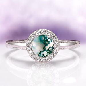 Green Moss Agate Ring in Sterling Silver- Natural Round Agate Engagement Ring- Art Deco Unique Vintage Promise Ring Anniversary Gift For Her