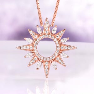 Starburst Diamond Necklace in 14K Rose Gold- North Star Dainty Sparkly Diamond Layering Necklace- Anniversary or Birthday Gift Idea For Her