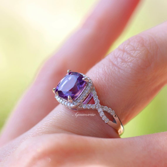 Sterling Silver Cushion Cut Amethyst and Diamond Ring Sterling Silver Cushion Cut Amethyst and Diamond Ring