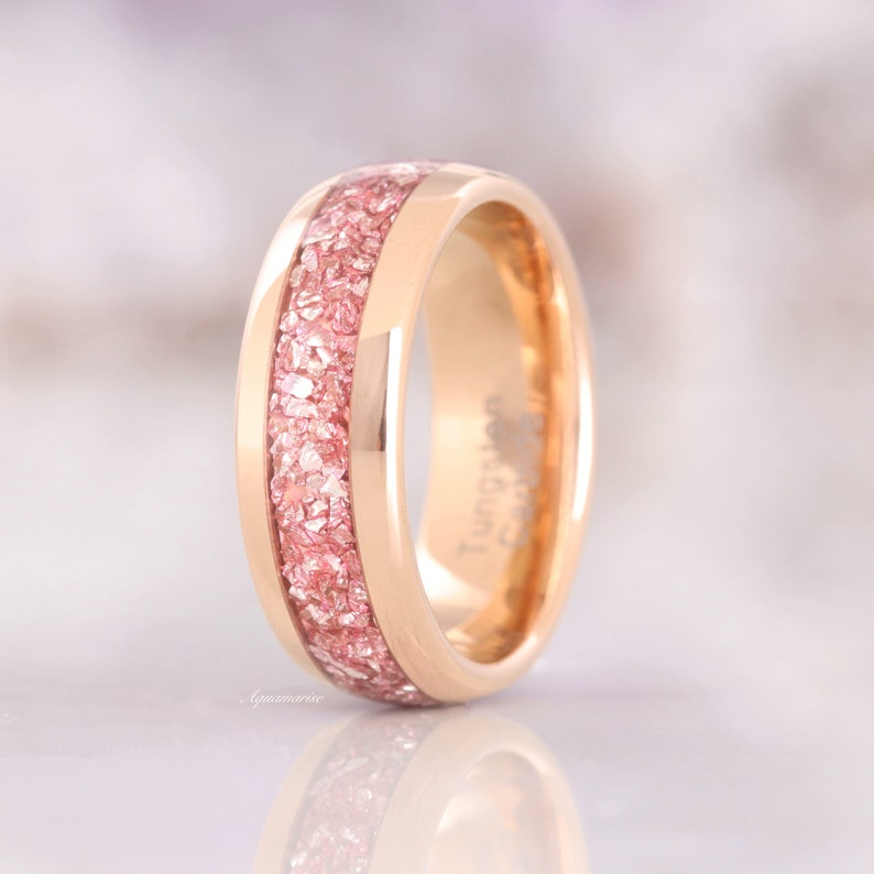 Morganite Mens Wedding Band Rose Gold Tungsten 8mm Crushed Pink Stone Inlay image 11