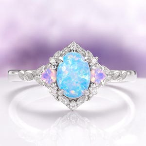 Blue Fire Opal & Opalescent Sapphire Ring- 925 Sterling Silver Light Blue Leaf Engagement Ring For Women- Unique Promise Ring- Gift For Her