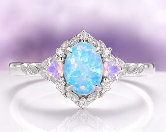 Blue Fire Opal & Opalescent Sapphire Ring- 925 Sterling Silver Light Blue Leaf Engagement Ring For Women- Unique Promise Ring- Gift For Her