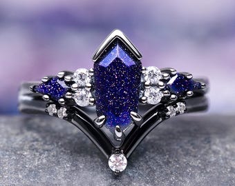 Starry Night Ring Set in Black Ruthenium Over 925 Sterling Silver- Coffin Kite Galaxy Sandstone Unique Engagement Ring- Promise Ring For Her