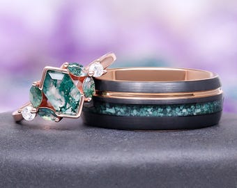 Green  Moss Agate Couples Ring Set- His and Hers Nature Wedding Band 14K Rose Gold Vermeil/ Tungsten Carbide Matching Unique Promise Rings