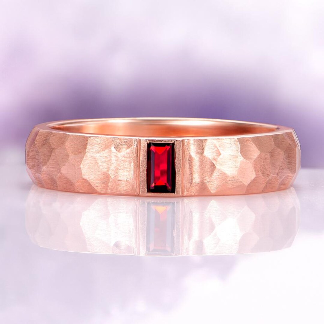 Natural Garnet Men's Wedding Band- 14K Rose Gold Vermeil Hammered Ring ...