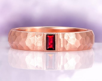 Garnet Wedding Band Emerald Cut Rose Gold Vermeil Hammered 5.5mm Mens Promise Ring