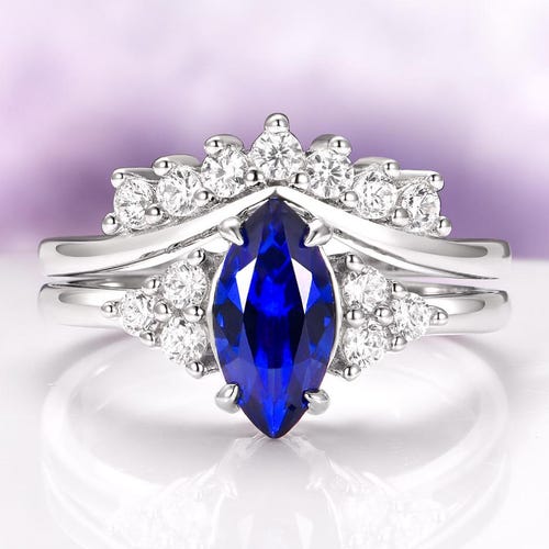 Sapphire Engagement Ring Set Lab Grown Blue Marquise Cut Sterling Silver Stacking Band