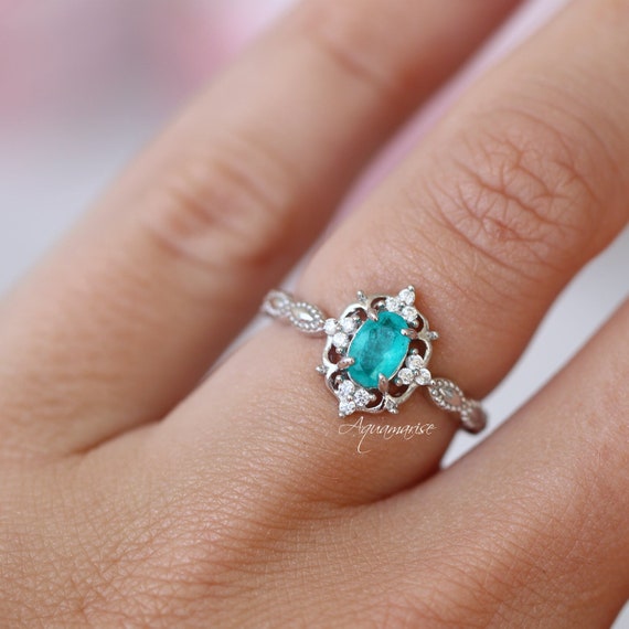 Vintage Paraiba Tourmaline Ring Sterling Silver Tourmaline Engagement Promise Ring For Women Neon Turquoise Gemstone October Birthstone