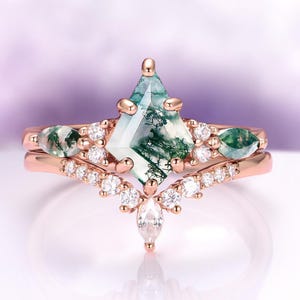 Moss Agate Engagement Ring Set Kite Cut 14K Rose Gold Vermeil Skye Kite®