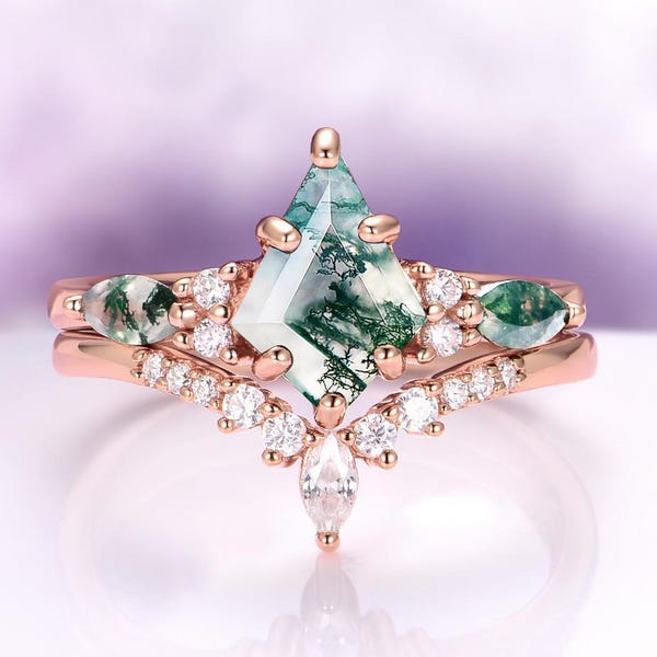 Skye Kite Green Moss Agate Ring- 14K Rose Gold Vermeil Natural Agate Engagement Ring- Promise Ring Green Gemstone Anniversary Gift For Her