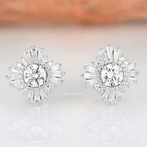 Joelle Diamond Earrings- Sterling Silver Earrings- Vintage Bridal Stud Earrings- Gatsby Inspired- April Birthstone- Anniversary Gift For Her
