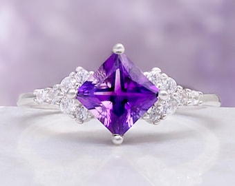 Natural Amethyst Engagement Ring in 925 Sterling Silver Princess Cut Unique Promise Ring- February Birthstone- Anniversary Gift For Her