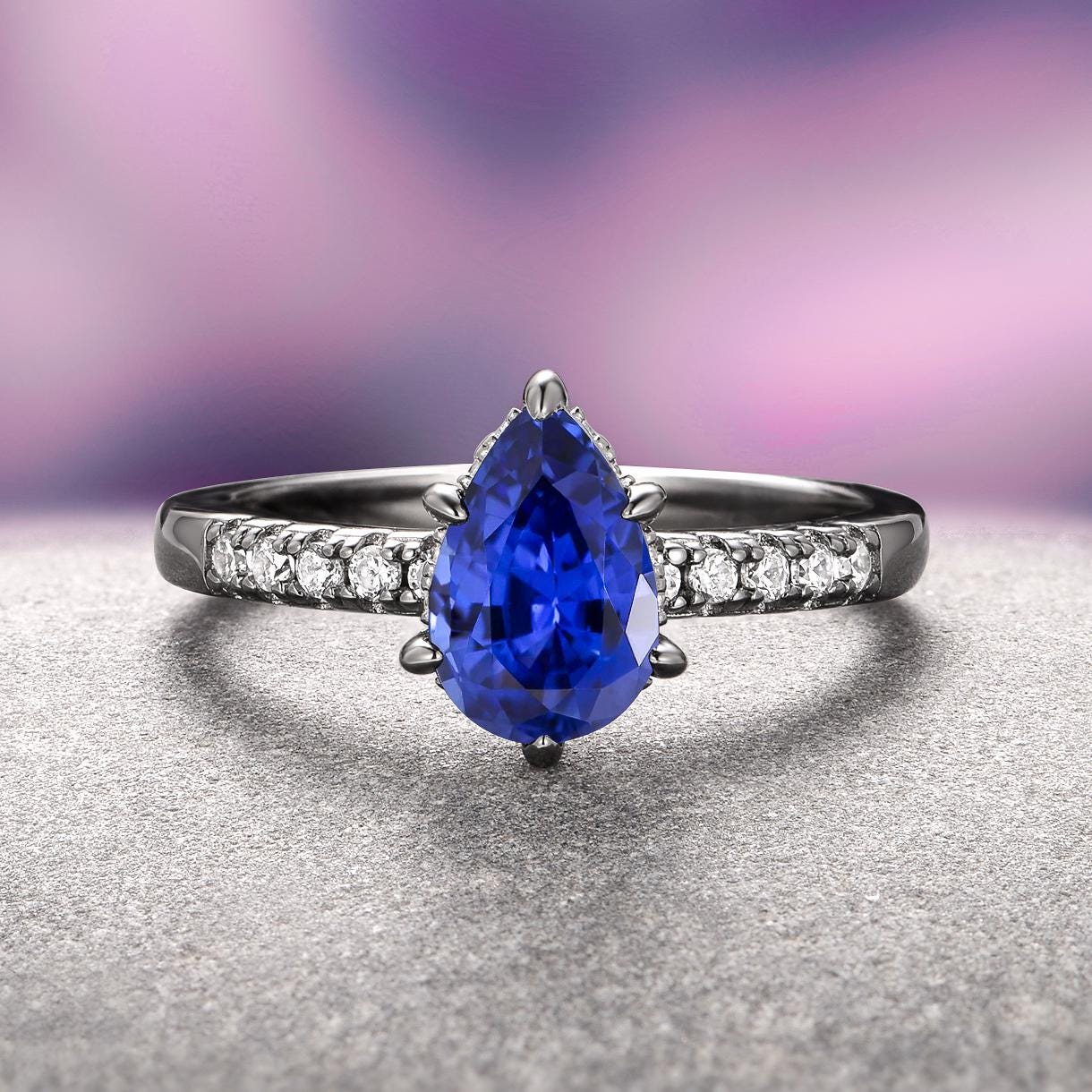 Teardrop Blue Sapphire Ring in Black Ruthenium Over 925 Sterling Silver- Black Engagement Ring Sapphire Promise Ring- September Birthstone