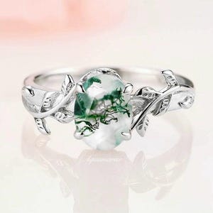 Natural Green Moss Agate Engagement Ring For Women- Nature Inspired Leaf Promise Ring Unique Anniversary Gift For Her- 925 Sterling Silver