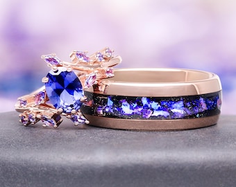Anillo de pareja con nebulosa de Orión y zafiro aciano - Conjunto de anillos para él y para ella - Alianzas de boda de oro rosa con zafiro - Anillo de pareja con temática espacial