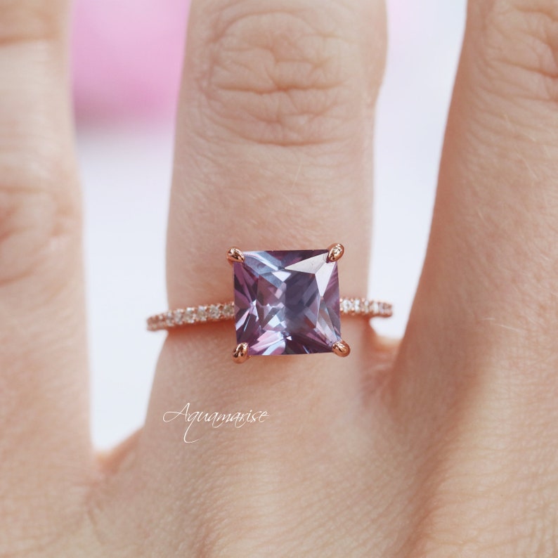 Princess Cut Alexandrite Ring 14K Rose Gold Vermeil Gemstone Engagement Ring For Women Promise Ring June Birthstone Anniversary Gift For Her image 4