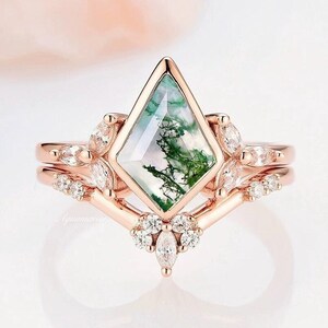 Ensemble de bagues en agate mousse vert cerf-volant pour femme - Bague de fiançailles en agate naturelle vermeil or rose 14 carats - Bague de promesse délicate, cadeau d'anniversaire pour elle