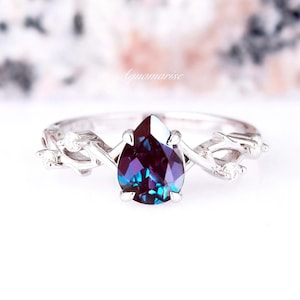 Alexandrite Leaf Engagement Ring For Women- Twig Antique Pear Shaped Bridal Ring- 925 Sterling Silver Twisted Vine Promise Ring For Her