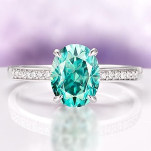 Sapphire Engagement Ring Lab Grown Teal Oval Cut Sterling Silver Blue Green Promise Ring
