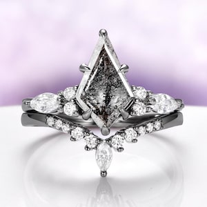 Salt and Pepper Diamond Ring Kite Cut Sterling Silver Black Herkimer Engagement Ring Set