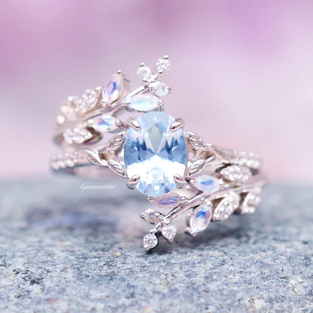 Aquamarine Moonstone Sterling Silver Ring Set Fairy Leaf Engagement aquamarine-moonstone-sterling-silver-ring-set-fairy-leaf-engagement
