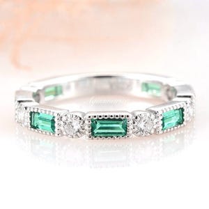 Ari Milgrain Design Emerald Wedding Band- Sterling Silver Band- Emerald Cut Wedding Band Stacking Ring Unique May Birthstone Stacking Ring