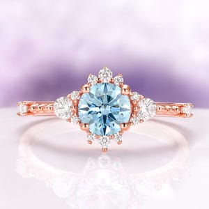 Aquamarine Engagement Ring in 14K Rose Gold Vermeil Aquamarine Ring Dainty Promise Ring Vintage Aquamarine Ring Birthstone Rings for Women