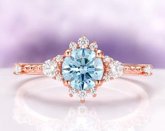 Aquamarine Engagement Ring in 14K Rose Gold Vermeil Aquamarine Ring Dainty Promise Ring Vintage Aquamarine Ring Birthstone Rings for Women