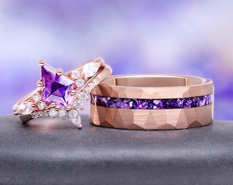 Amethyst Couples Ring Set Rose Gold His and Hers Wedding Rings Kite Engagement Ring Hammered Purple Inlay Band Matching Set