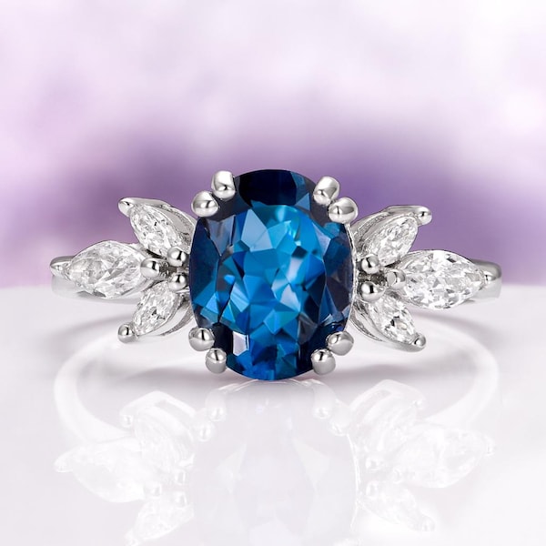 Simulated London Blue Topaz Ring Oval Lotus Engagement Ring Sterling Silver